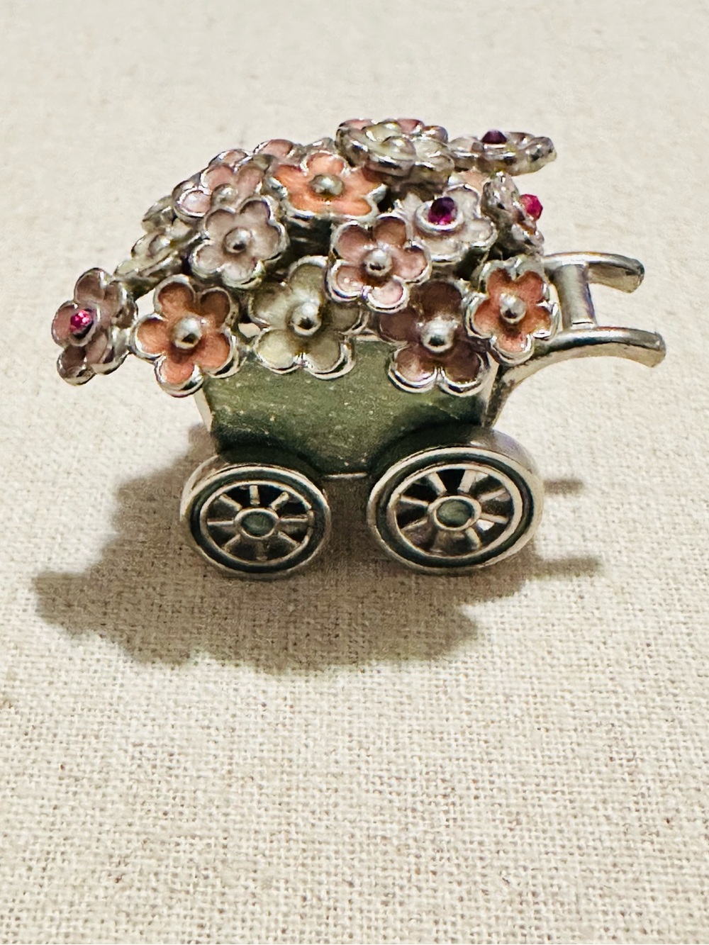 Monet | Trinket Box | Monet Silver Floral Cart Brooch with Green & Pink Enamel - Picture 9 of 10
